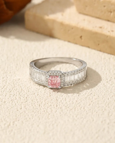 Pink Moissanite Ring – 0.4ct Asscher Cut Halo Cocktail Ring, Light Pink Lab Diamond, 925 Sterling Silver, Sparkling Gift for Her