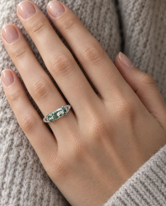 East-West Rectangular Moss Agate Ring - worn on the hand