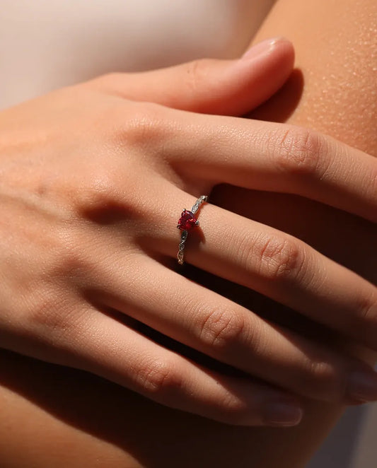 Red heart cut moissanite promise ring in 925 sterling silver with milgrain CZ band