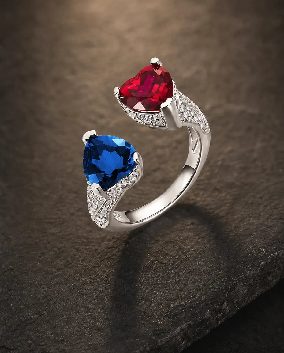 Lab sr two-heart bypass ring in 925 sterling silver