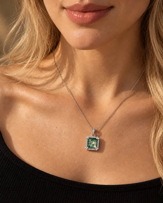 Square Moss Agate Halo Necklace in 925 Sterling Silver - worn on a model, close-up at the collarbone