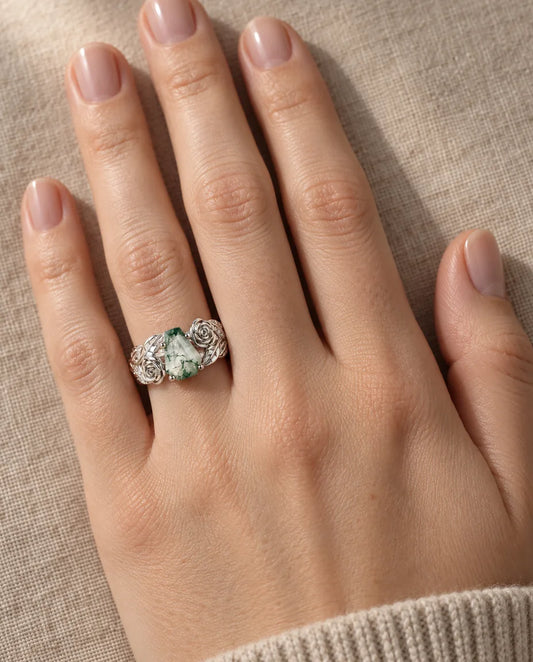 Moss Agate Ring - worn on the hand