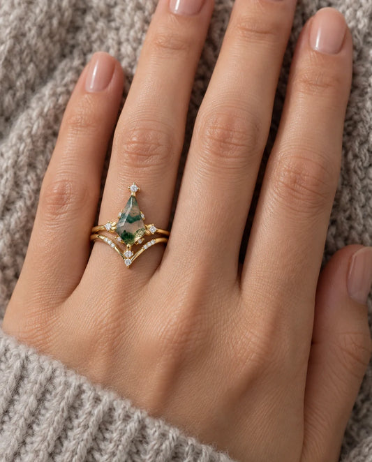 Kite-Cut Moss Agate Ring Set - worn on the hand