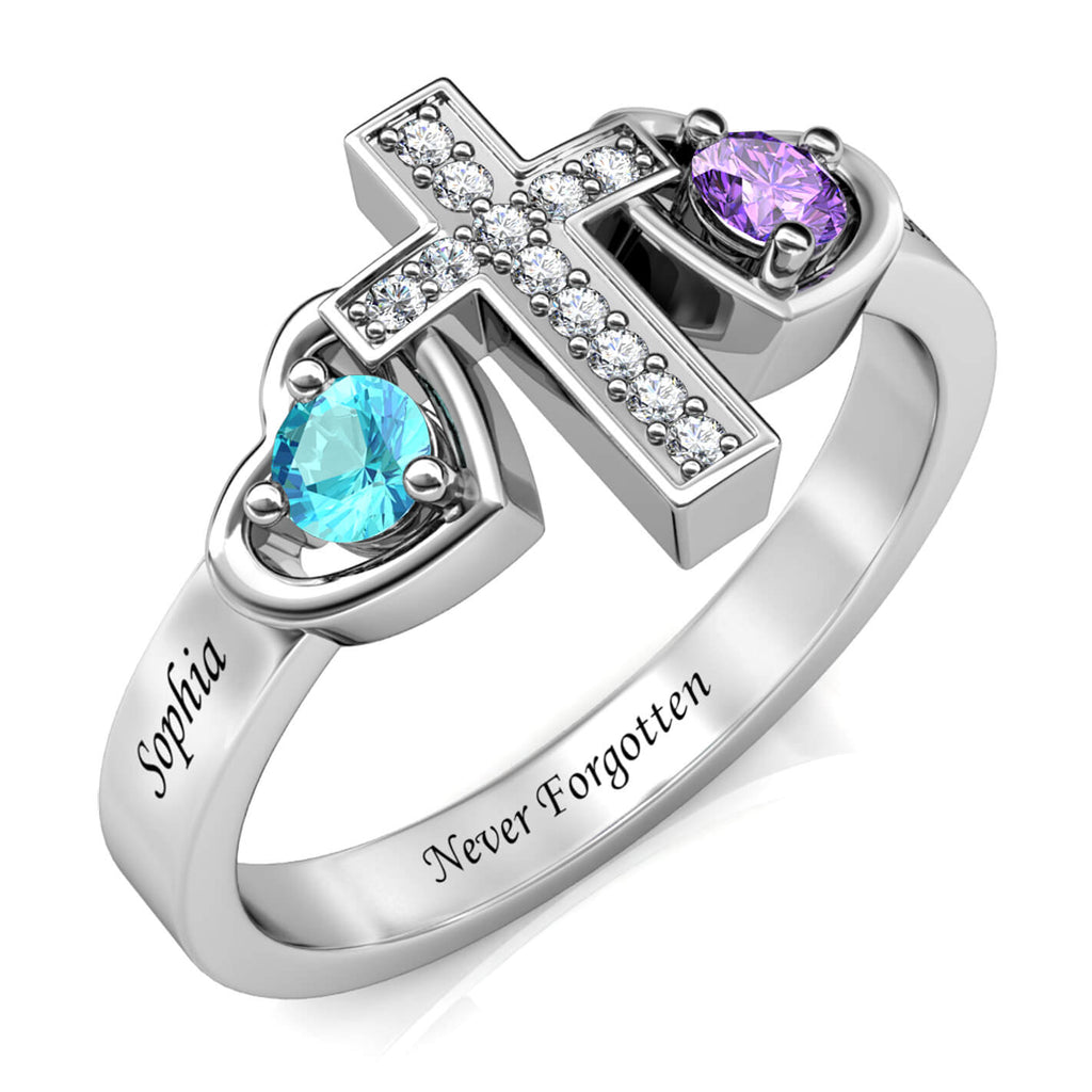 Personalised 2 Birthstone Ring - Engraved Sterling Silver Name Ring - IFSHE