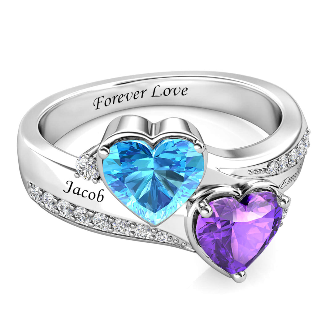 Personalised 2 Birthstone Ring - Engraved Sterling Silver 2 Name Ring - IFSHE UK