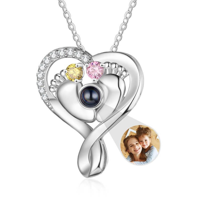 Baby Feet Heart Photo Projection Necklace with 2 Birthstones