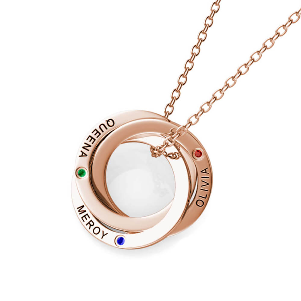Birthstone Russian 3 Ring Necklace - Engraved 3 Name Necklace - Sterling Silver - Rose Gold