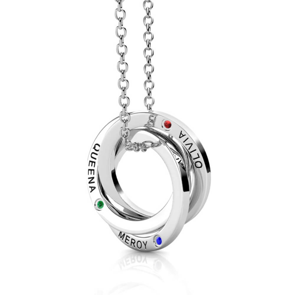 Birthstone Russian 3 Ring Necklace - Engraved 3 Name Necklace - Sterling Silver