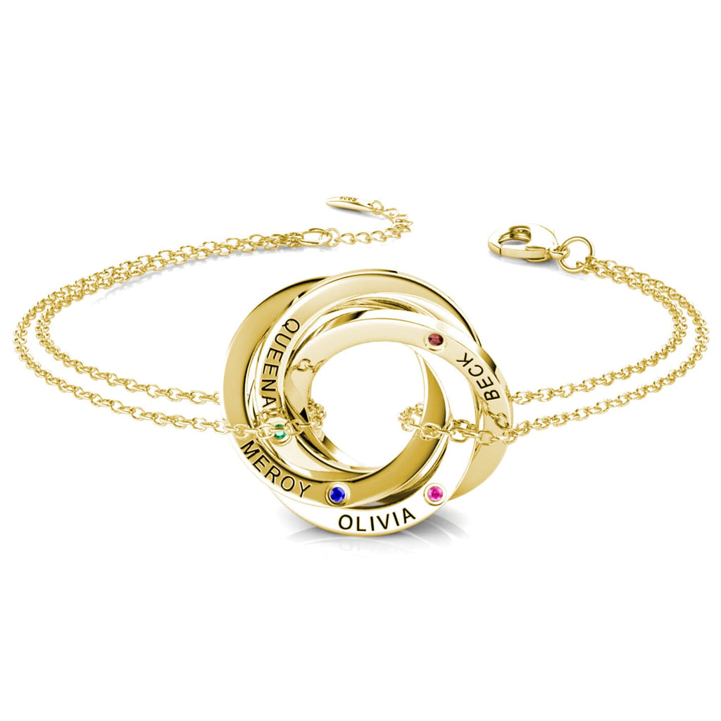 Birthstone Russian 4 Ring Bracelet - Engraved 4 Name Bracelet - Sterling Silver - Gold