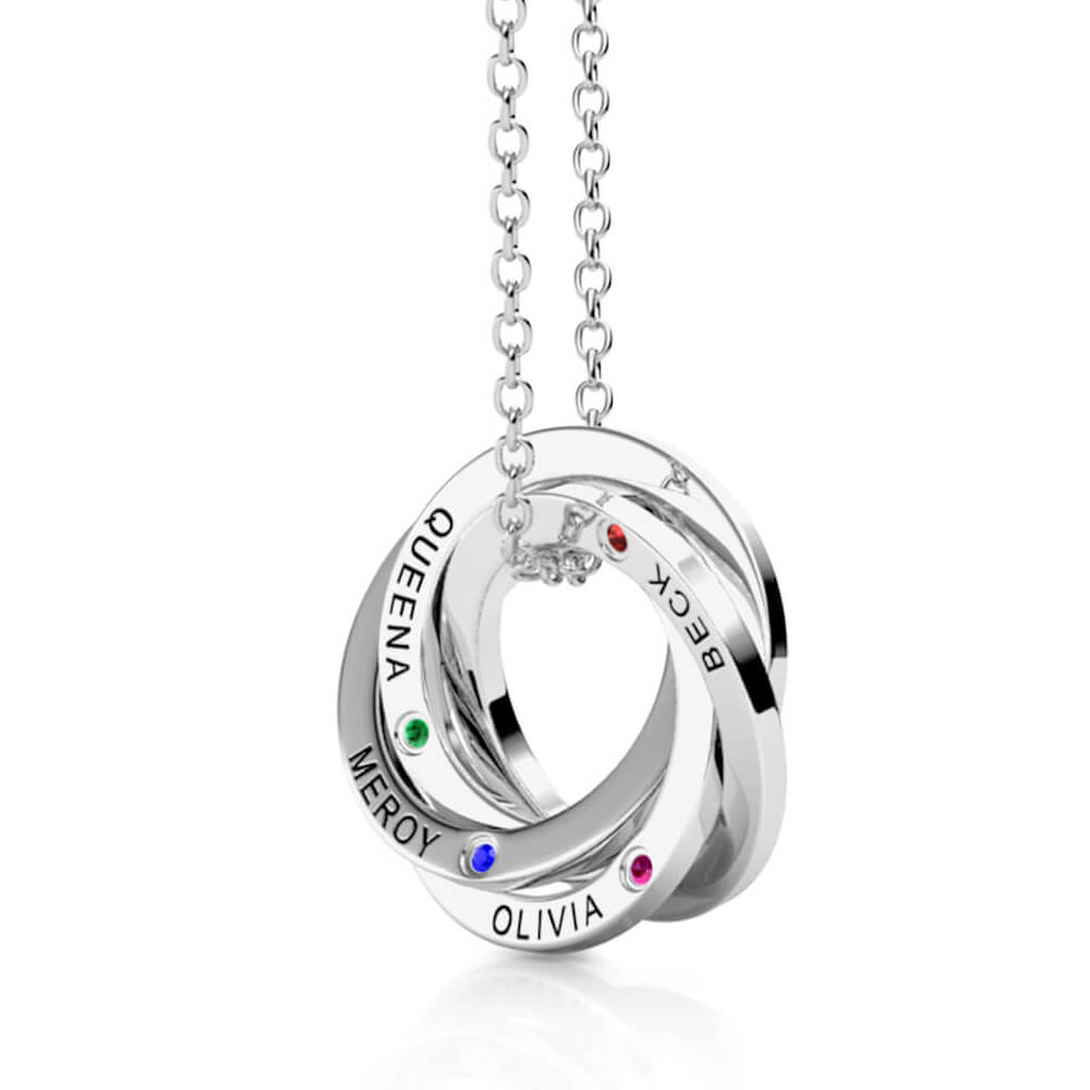 Birthstone Russian 4 Ring Necklace - Engraved 4 Name Necklace - Sterling Silver