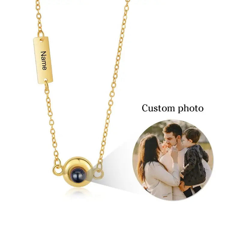 Gold Photo Projection Necklace with Engraved Name Bar