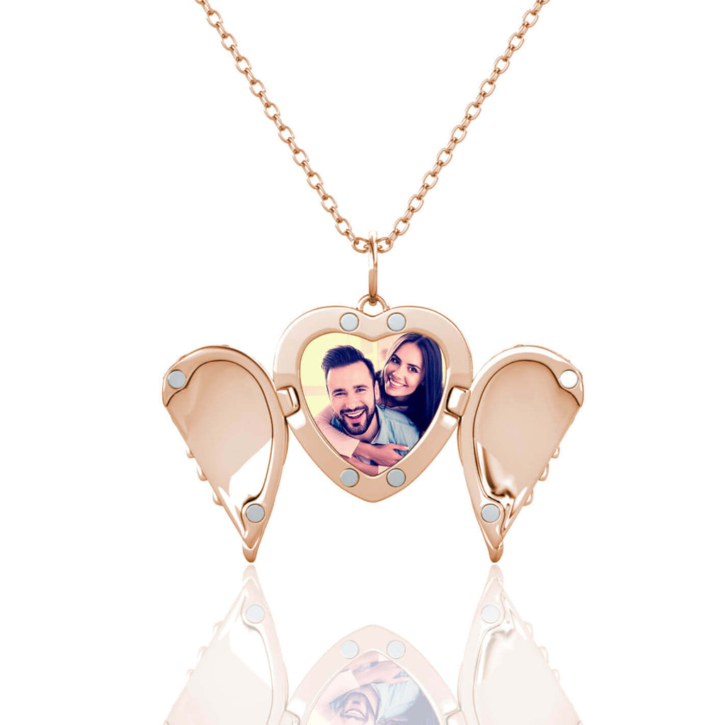Personalised Angel Wings Locket with Photo - Locket with Picture Inside - Rose Gold