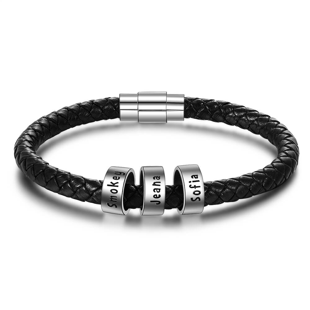 Men's Leather Bracelet - 3 Sterling Silver Beads - Name Bracelet - IFSHE UK