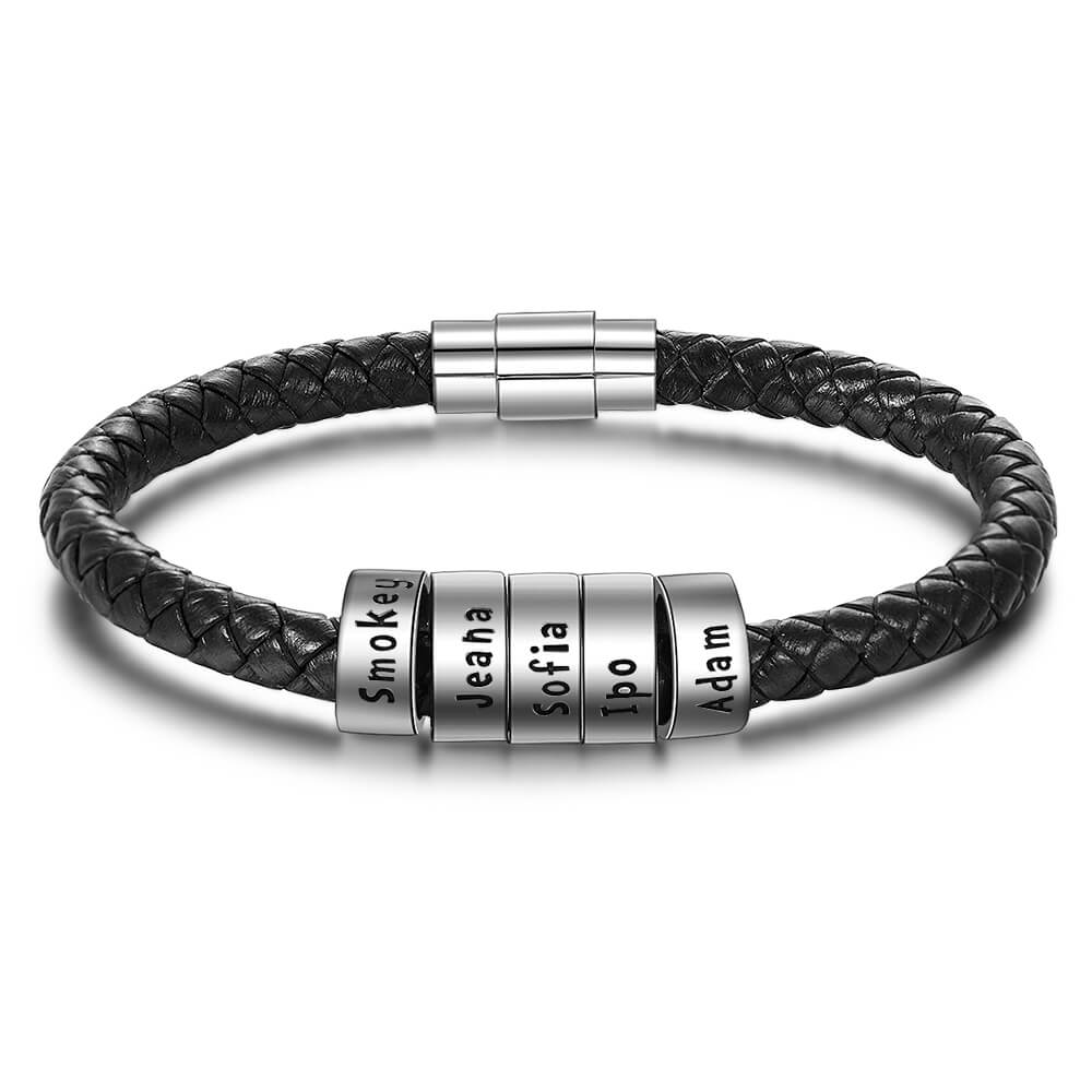 Men's Leather Bracelet - 5 Sterling Silver Beads - Name Bracelet - IFSHE UK