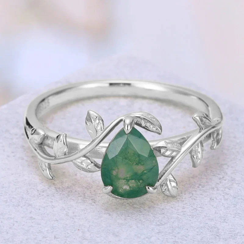 Moss Agate Ring Pear Cut Sterling Silver