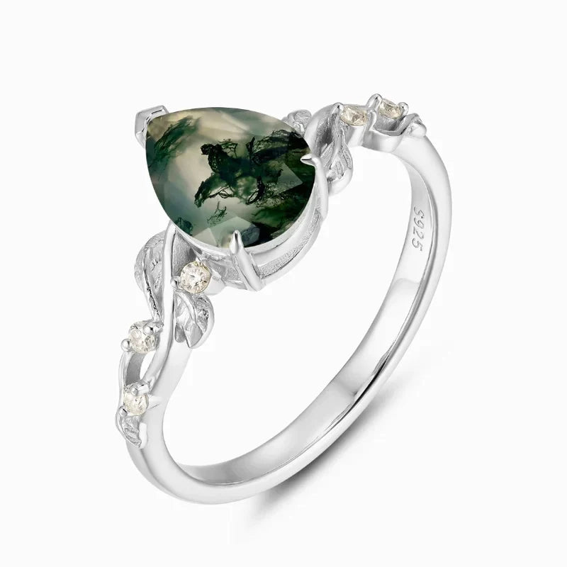 Green Moss Agate Ring Pear Shaped Sterling Silver