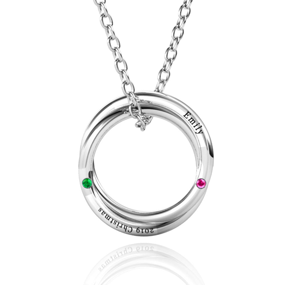 Personalised Birthstone Russian 2 Ring Necklace, Engraved 2 Name Necklace, Sterling Silver