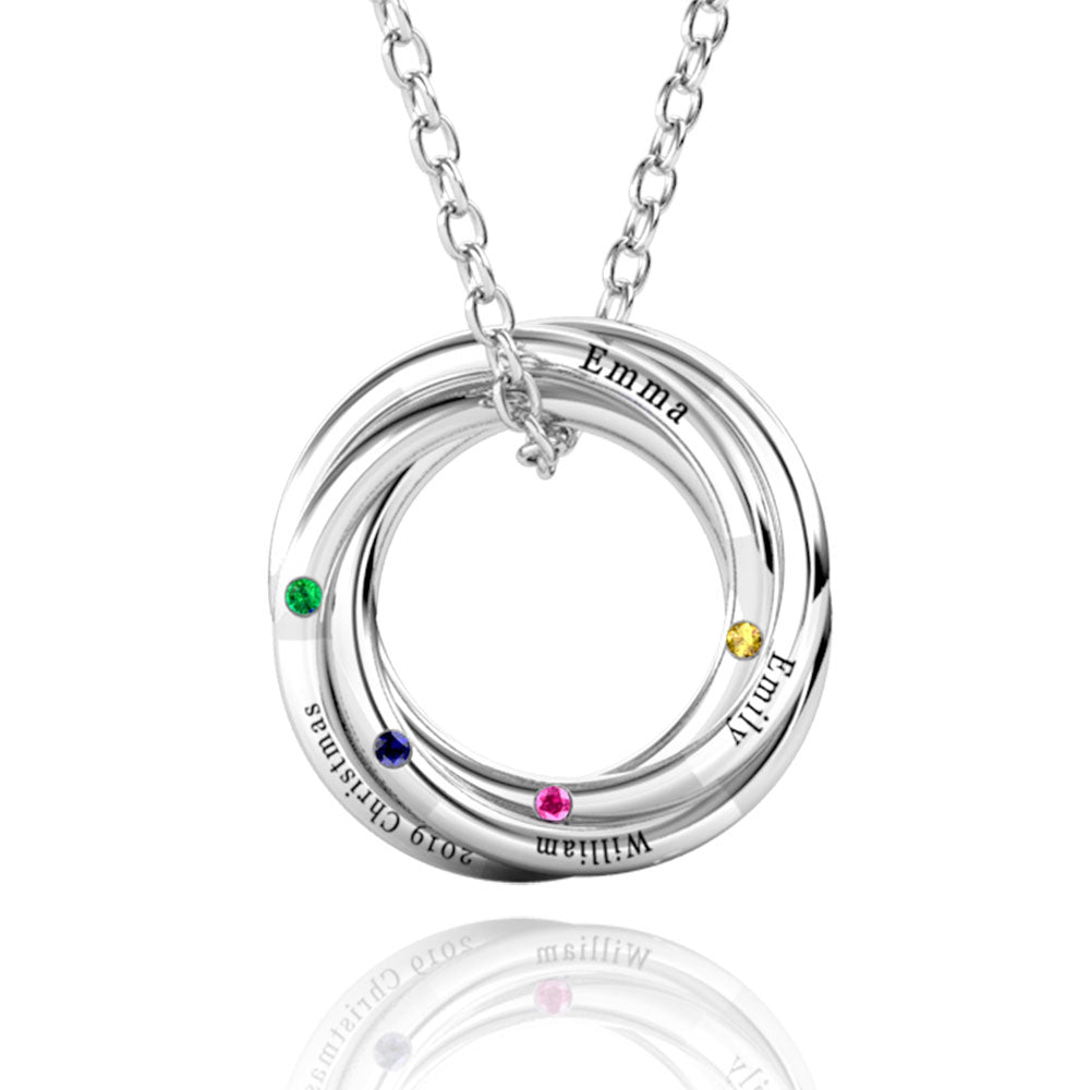 Personalised Birthstone Russian 4 Ring Necklace, Engraved 4 Name Necklace, Sterling Silver