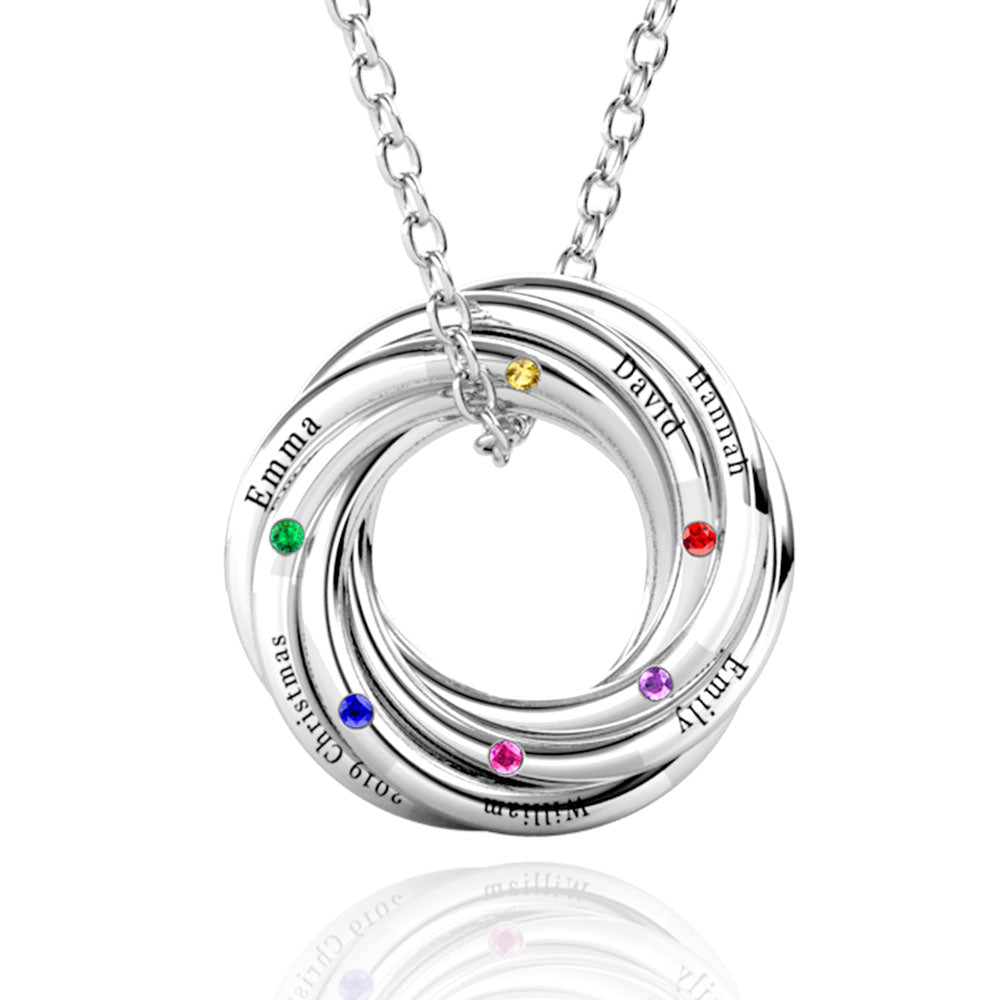Personalised Birthstone Russian 6 Ring Necklace, Engraved 6 Name Necklace, Sterling Silver