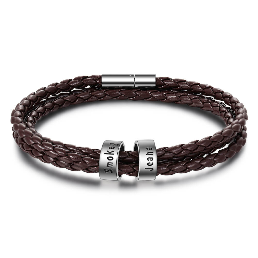 Personalised Men's Leather Bracelet, 2 Sterling Silver Beads, Name Bracelet, IFSHE UK
