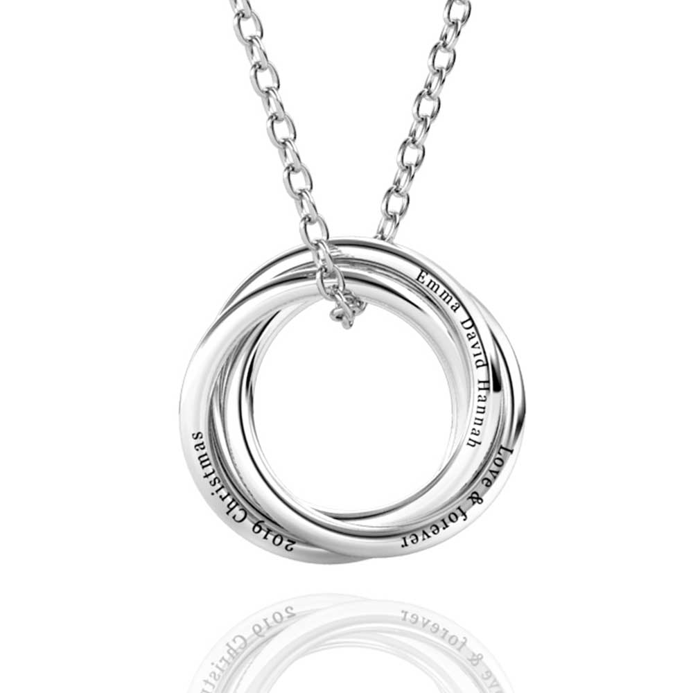 Personalised Russian 3 Ring Necklace, Engraved 3 Name Necklace, Sterling Silver