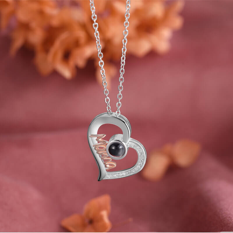 Personalised Heart Photo Projection Mama NecklaceNecklace with Picture Inside, Mama Photo Projection Necklace, Heart-Shaped Mother's Necklace