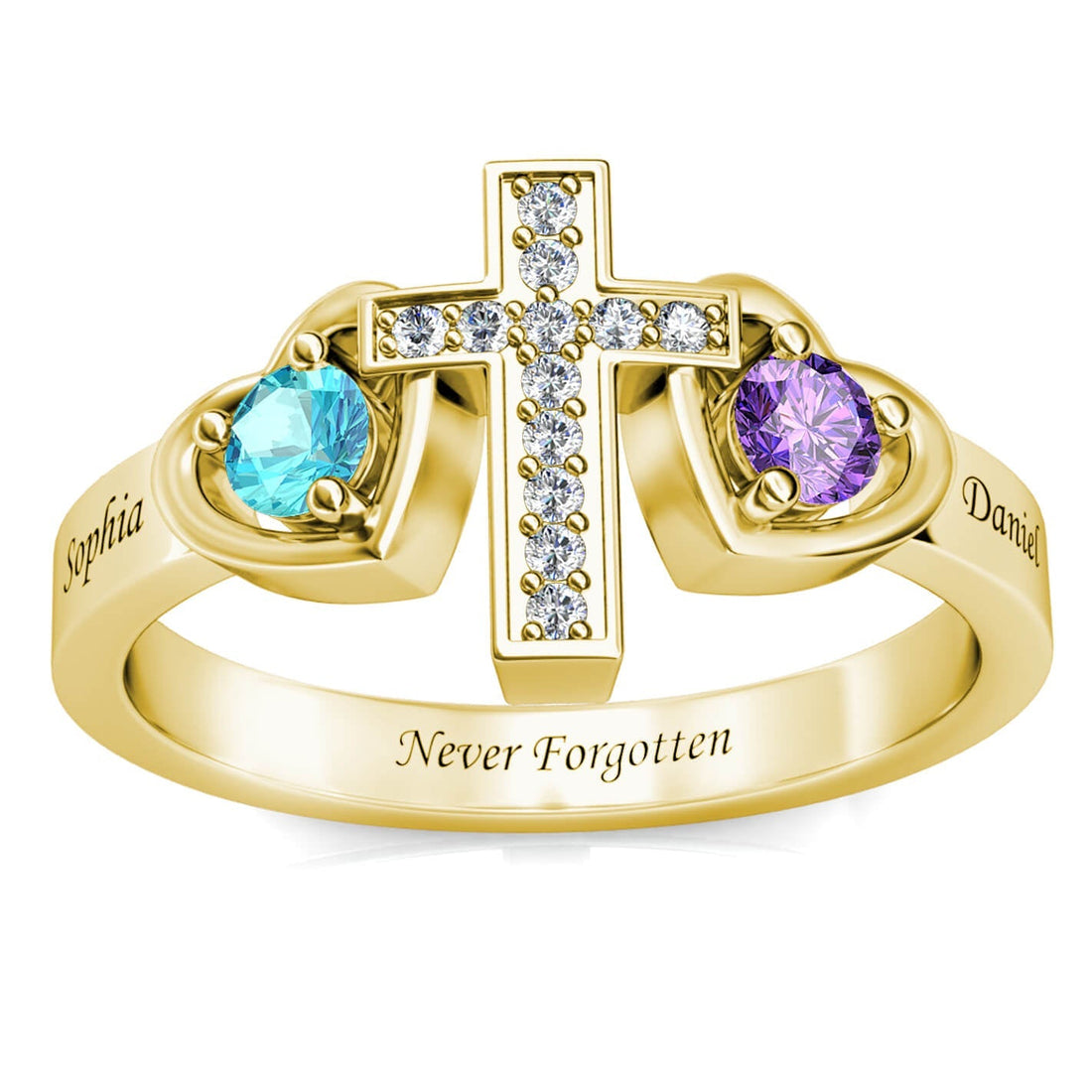 Personalized 3-birthstone mother's ring in 925 sterling silver with engraved names