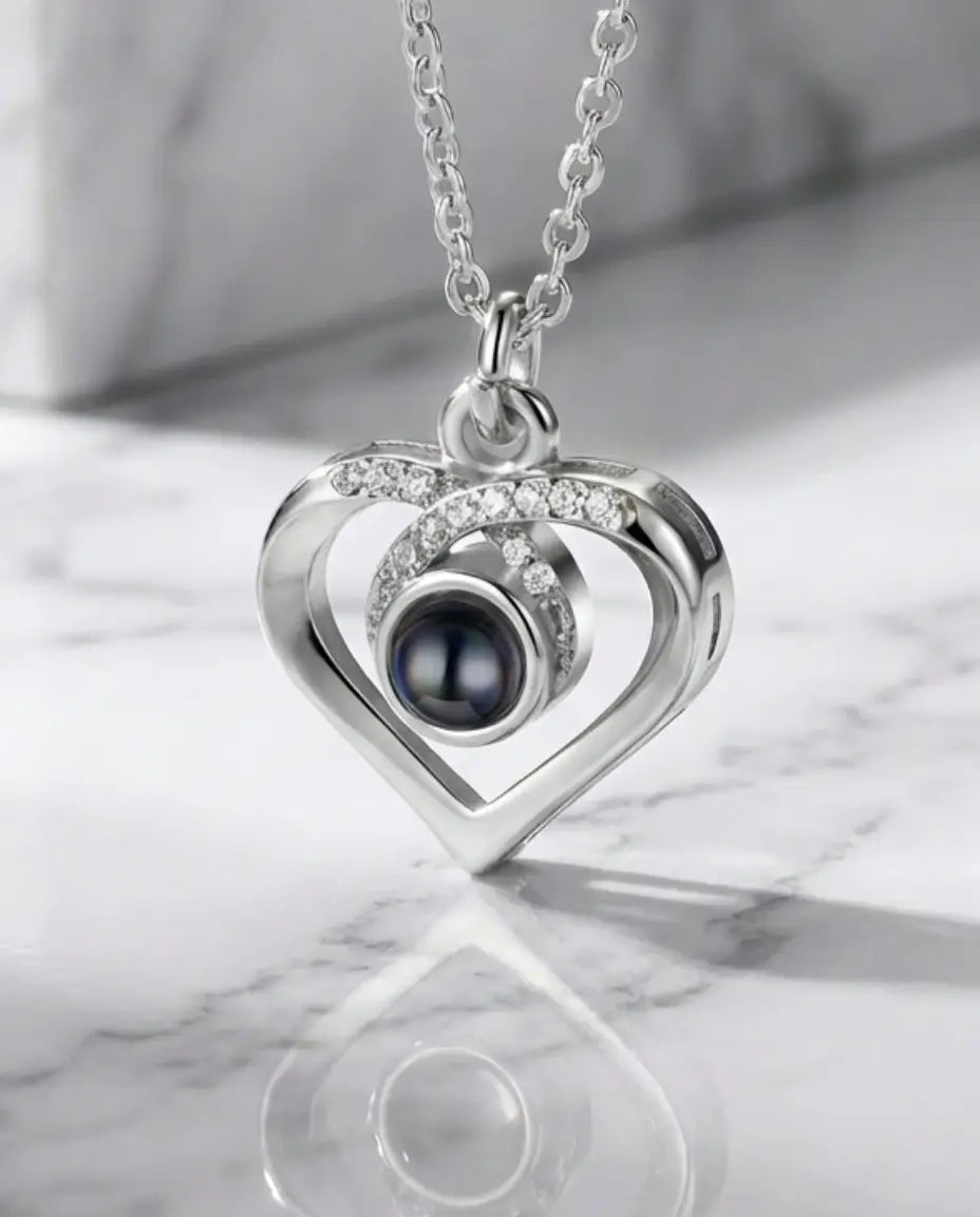 Personalized heart rose photo projection necklace in sterling silver with a picture inside the pendant