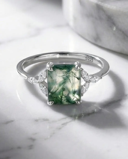 Emerald-cut moss agate ring with a vintage leaf band in sterling silver