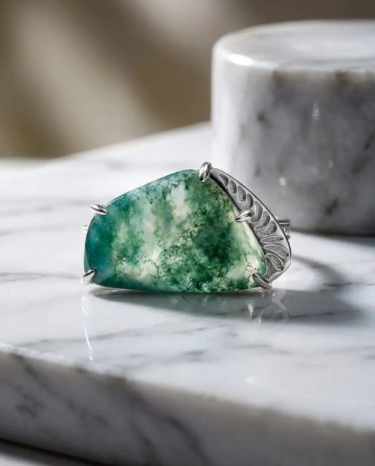 Large freeform moss agate statement ring in 925 sterling silver