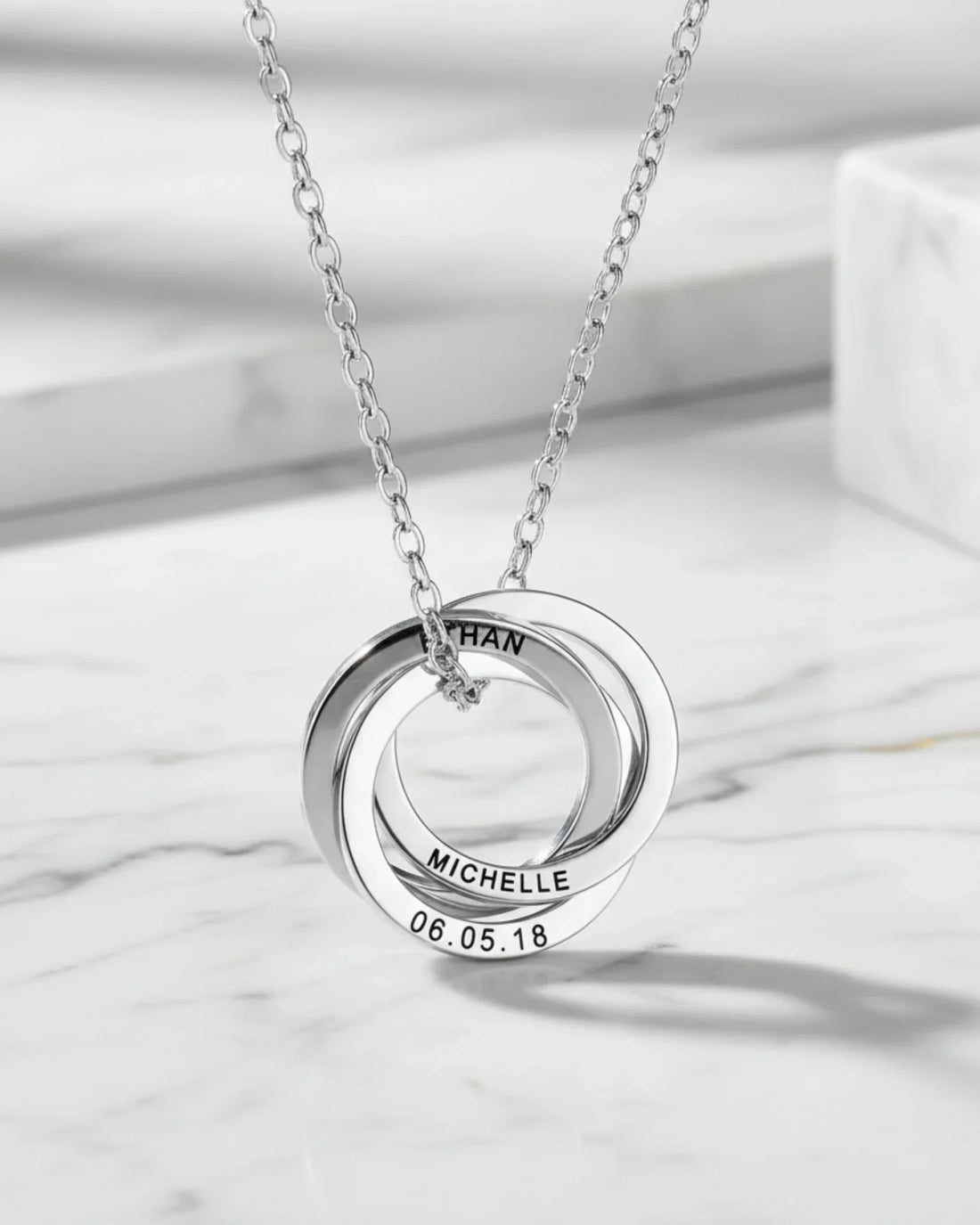 Personalized engraved Russian ring necklace with interlocking sterling silver rings