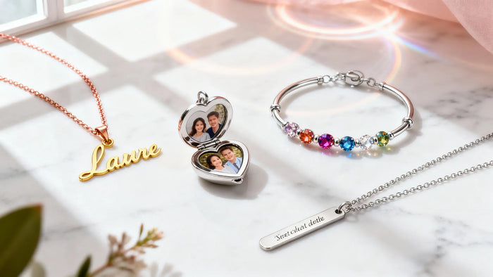 Collection of personalized jewelry including name necklace, birthstone bracelet, photo locket, and engraved jewelry arranged on marble surface