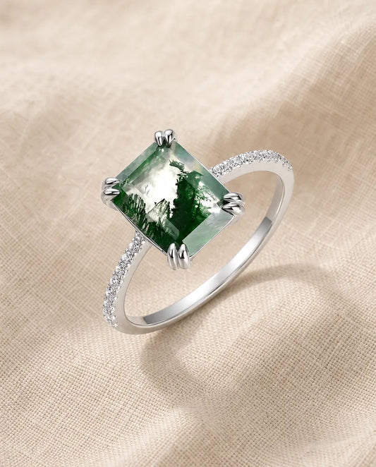 Elongated hexagon moss agate ring in sterling silver