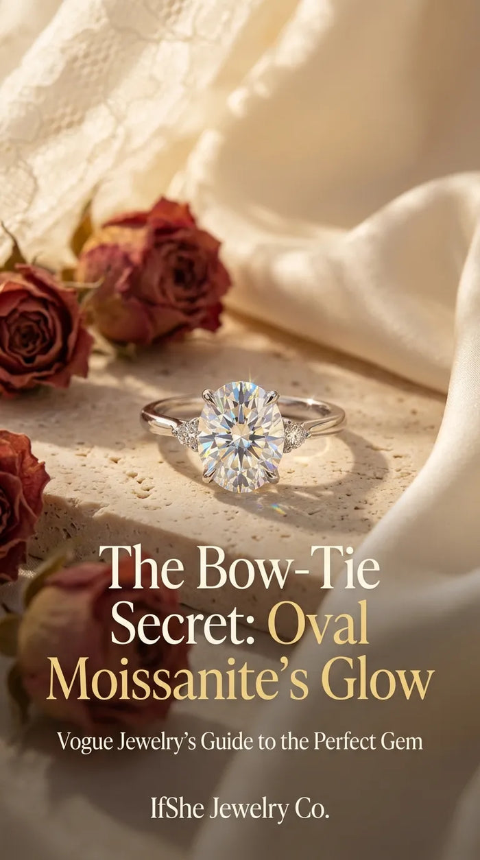 Close-up macro shot of a radiant oval cut moissanite engagement ring set in polished white gold with delicate diamond side accents. The ring sits on a textured beige stone surface near a vintage dried red rose, highlighting the gem's intense light return 