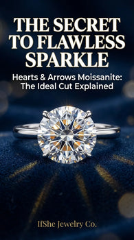 Macro shot of a round Hearts and Arrows Moissanite stone showing perfect optical symmetry and the distinct eight-arrow pattern, sparkling with intense fire and brilliance.