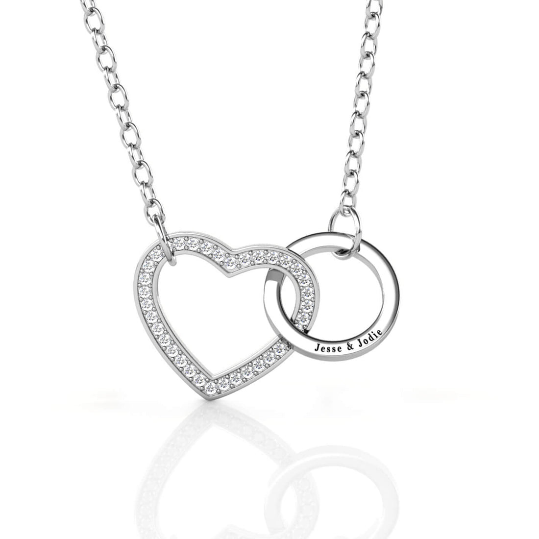 Engraved sterling silver interlocking heart necklace with a personalized script name