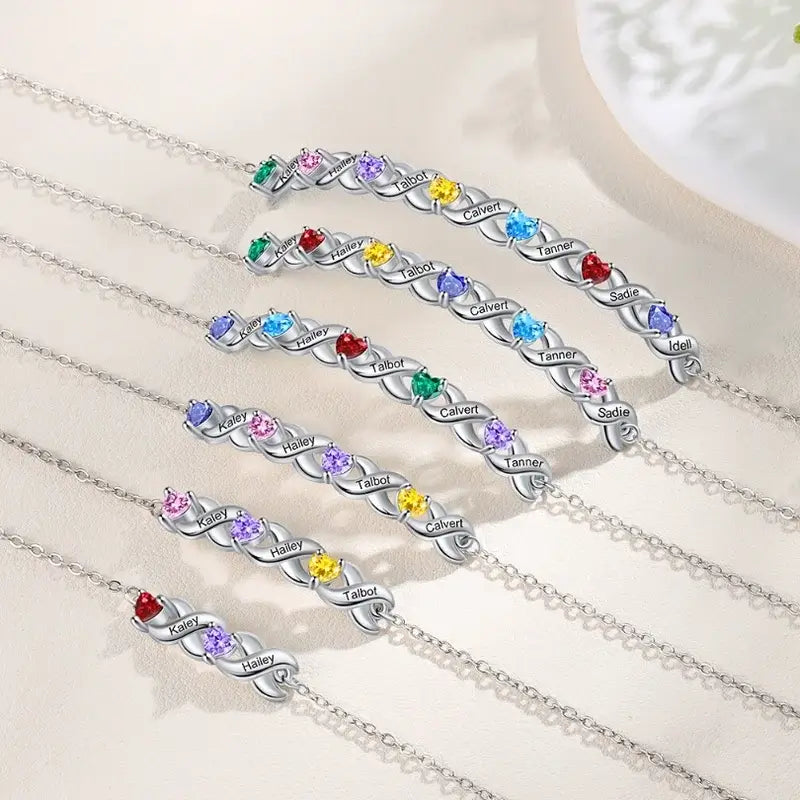 Personalized birthstone bracelet with engraved family names and colorful birthstones for mom