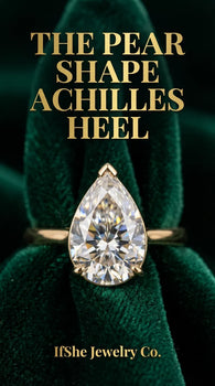 Close-up macro shot of a sparkling pear shaped moissanite engagement ring focusing on a protective V-prong setting that secures the pointed tip. The faceted stone reflects bright light on a simple polished band.