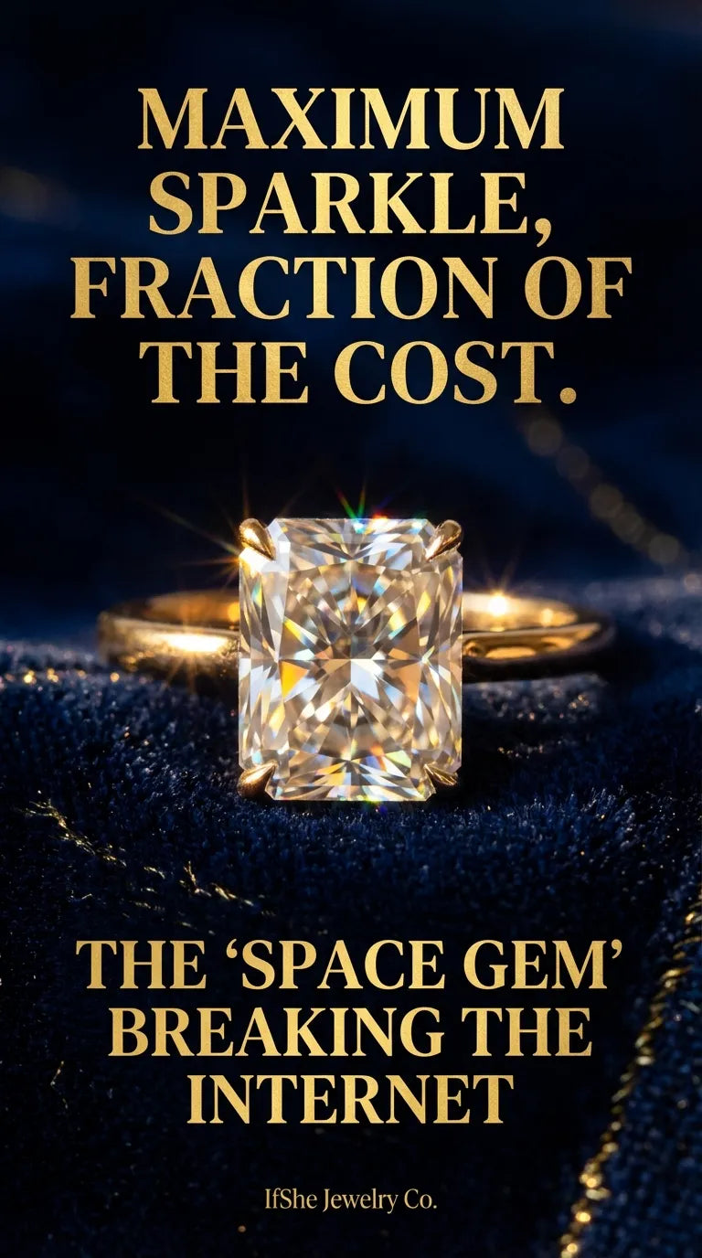 Close-up macro shot of a large radiant cut moissanite engagement ring on a thin gold band, displaying intense rainbow fire and brilliance under studio lighting, showcasing the difference in sparkle compared to a standard diamond.