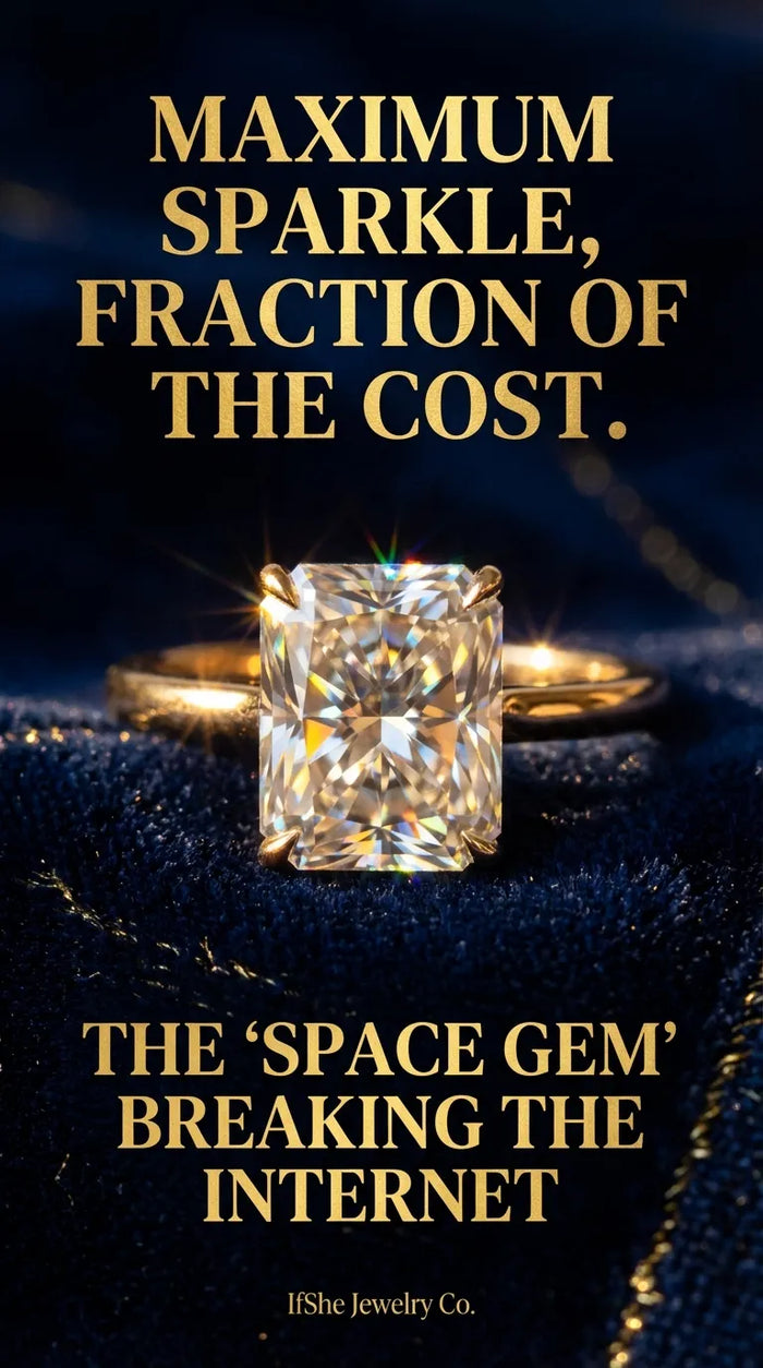 Close-up macro shot of a large radiant cut moissanite engagement ring on a thin gold band, displaying intense rainbow fire and brilliance under studio lighting, showcasing the difference in sparkle compared to a standard diamond.