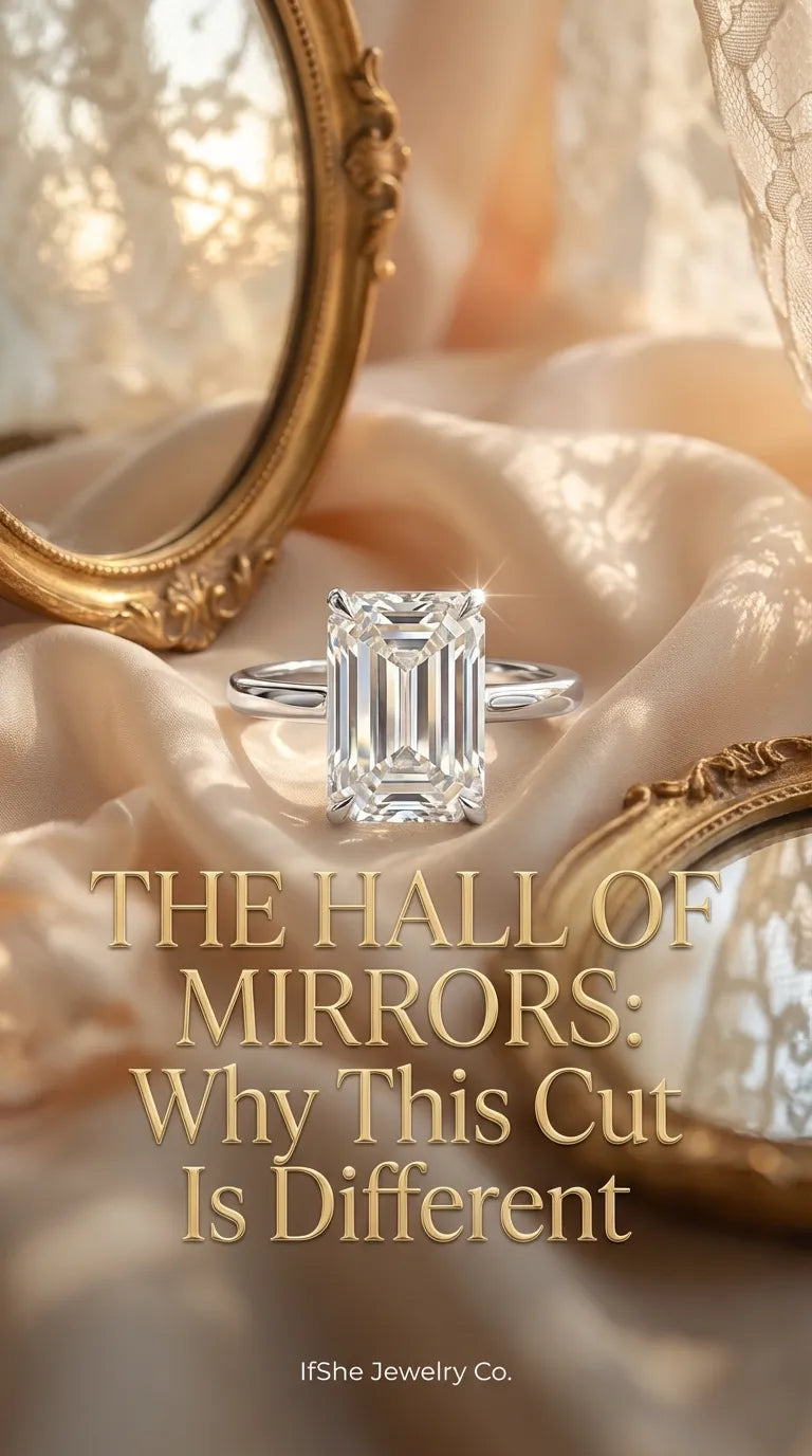 A macro close-up of a large emerald cut moissanite stone set in a thin gold band. The step-cut facets create a hypnotic hall of mirrors effect, reflecting bold flashes of white light. The ring sits atop a textured velvet box in deep emerald green, highlig