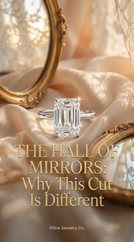 A macro close-up of a large emerald cut moissanite stone set in a thin gold band. The step-cut facets create a hypnotic hall of mirrors effect, reflecting bold flashes of white light. The ring sits atop a textured velvet box in deep emerald green, highlig