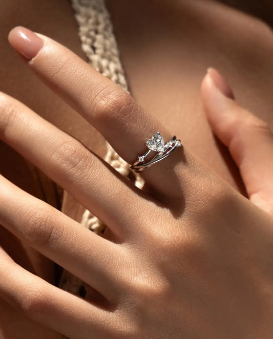 0.8ct Heart Cut Moissanite Ring - Multi-Layer Crossover Band in Sterling Silver - IfShe Jewelry