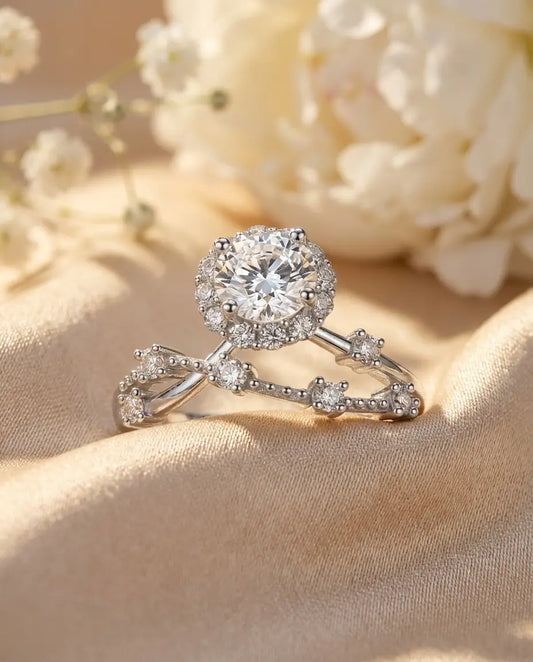 0.8ct Round Halo Moissanite Ring - Vintage Twisted Band in Sterling Silver - IfShe Jewelry