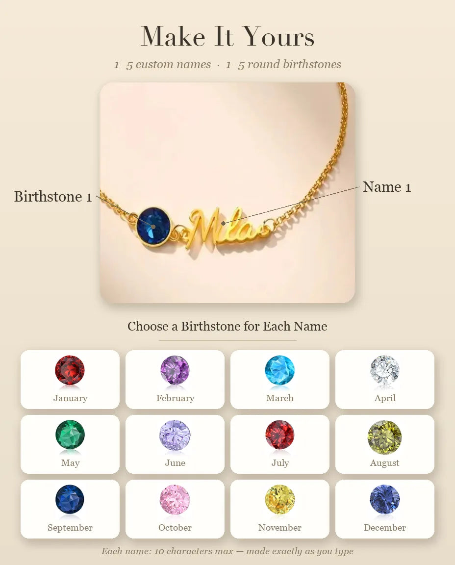 Personalized Name Bracelet with Birthstone – personalization guide: names and birthstones