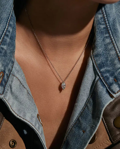 1 ct Marquise Moissanite Necklace in 925 Sterling Silver - worn on a model, close-up at the collarbone