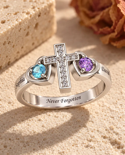 2 Birthstone Ring - three-quarter view showing names and birthstones