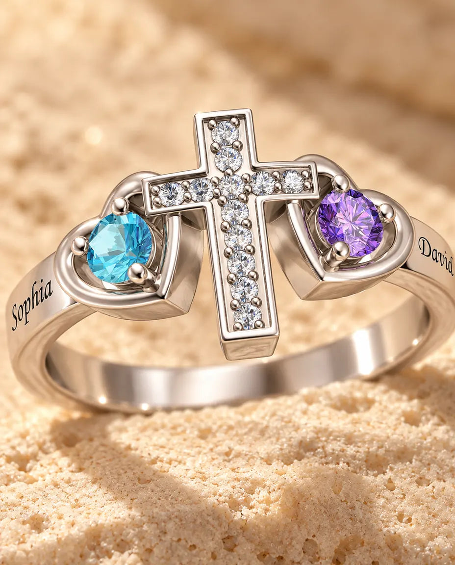 2 Birthstone Ring - close-up of the birthstones and engraved names