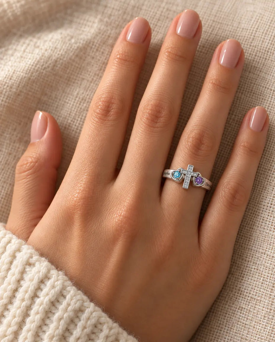 2 Birthstone Ring - worn on the hand, close-up