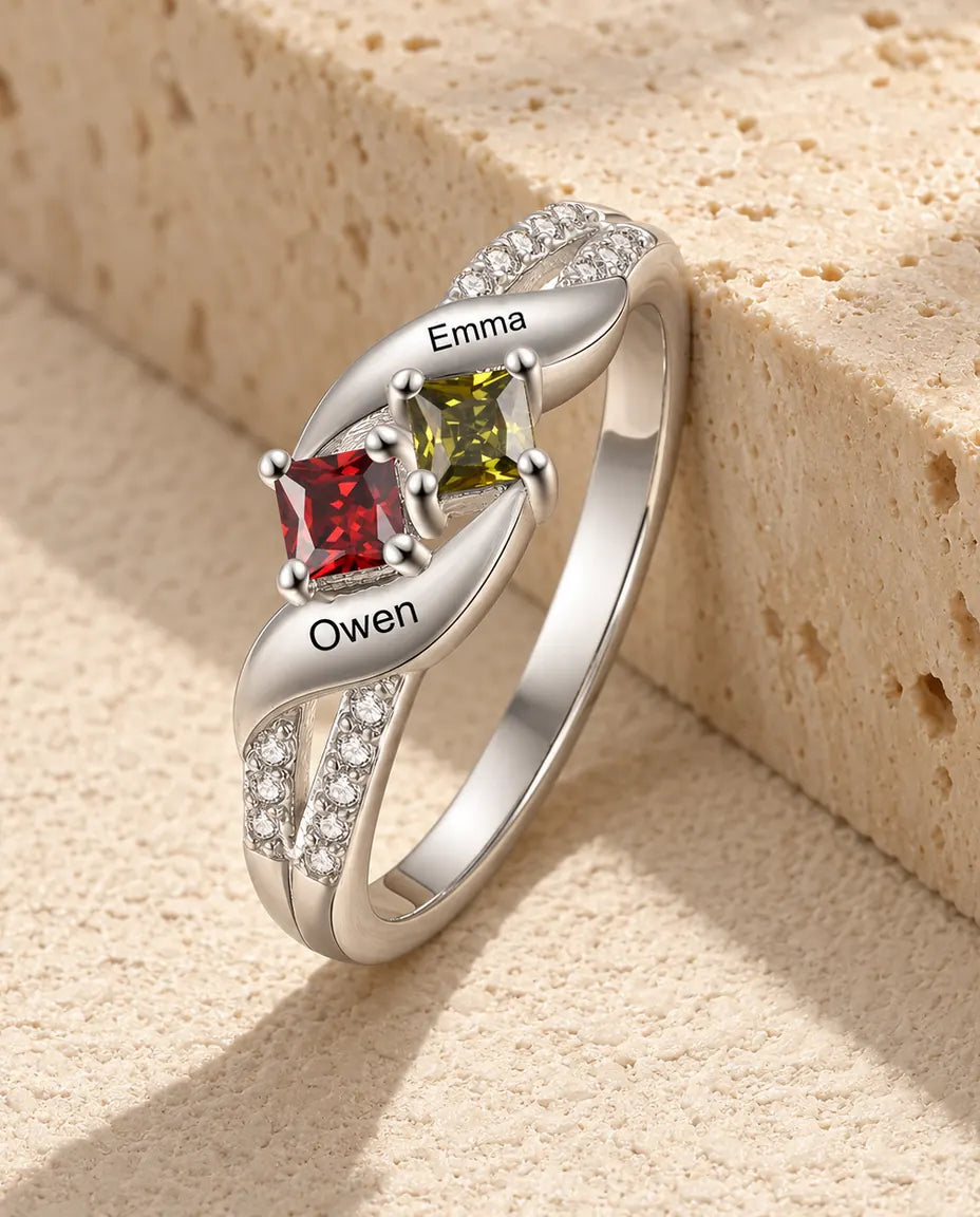 Personalized 2 name birthstone ring in sterling silver, three-quarter view with two square birthstones